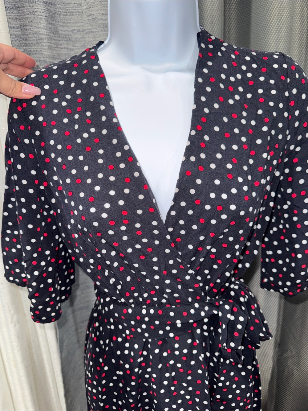 ZARA- Navy Polka Dot Wrap Midi Dress Size: XS - Picture 8 of 15